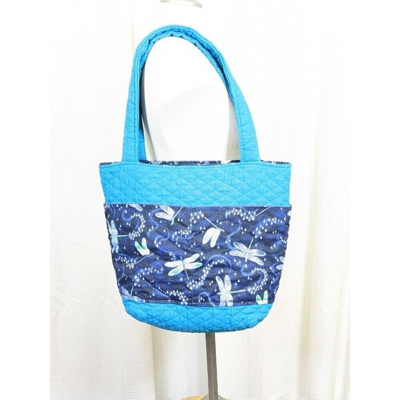 Teal Navy Quilted Purse Tote Bag Dragonfly Stars Print Four Pockets Sparkle - Picture 4 of 4